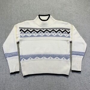 Christian Siriano Womens Sweater Size Large Mock Neck Fair Isle White Blue Knit